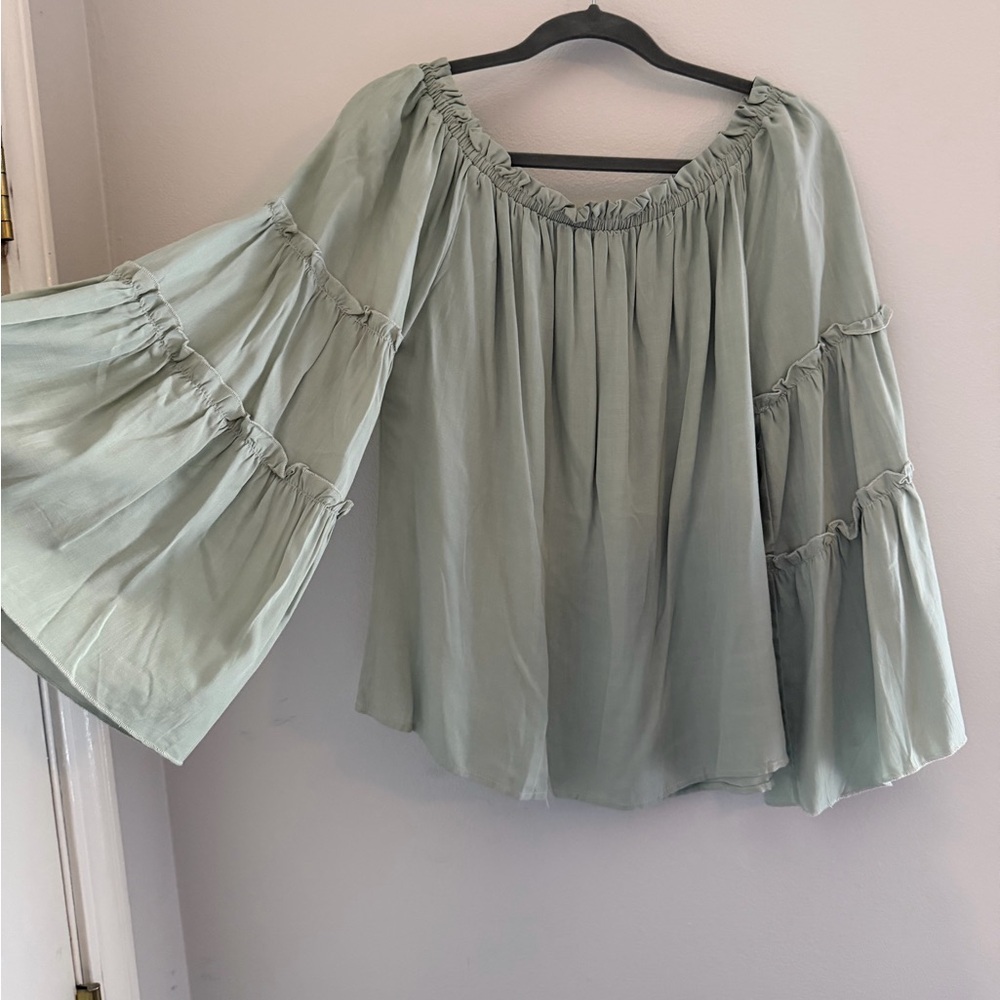 Off-Shoulder Ruffle Sleeve Top - Green - Picture 3 of 8